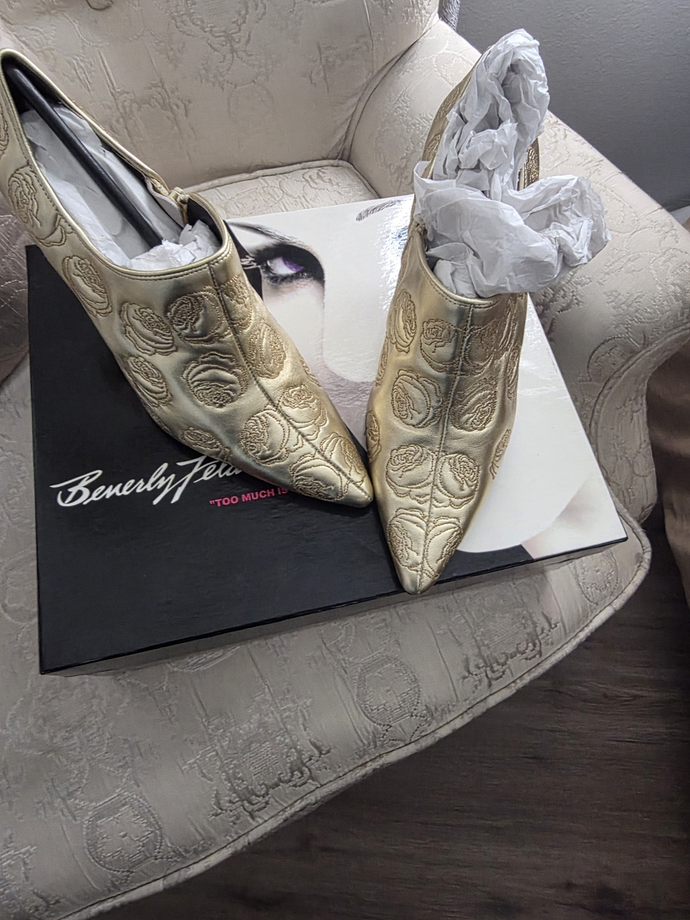 Beverly Feldman Gold Embossed Rose Leather Pointed-Toe Pumps